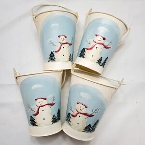 Set Of 4 Snowman Pails ● Christmas Winter Decor ● Painted ● Textured & Crackled